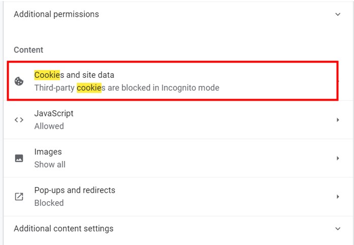 PC Chrome Setting Cookies step 5