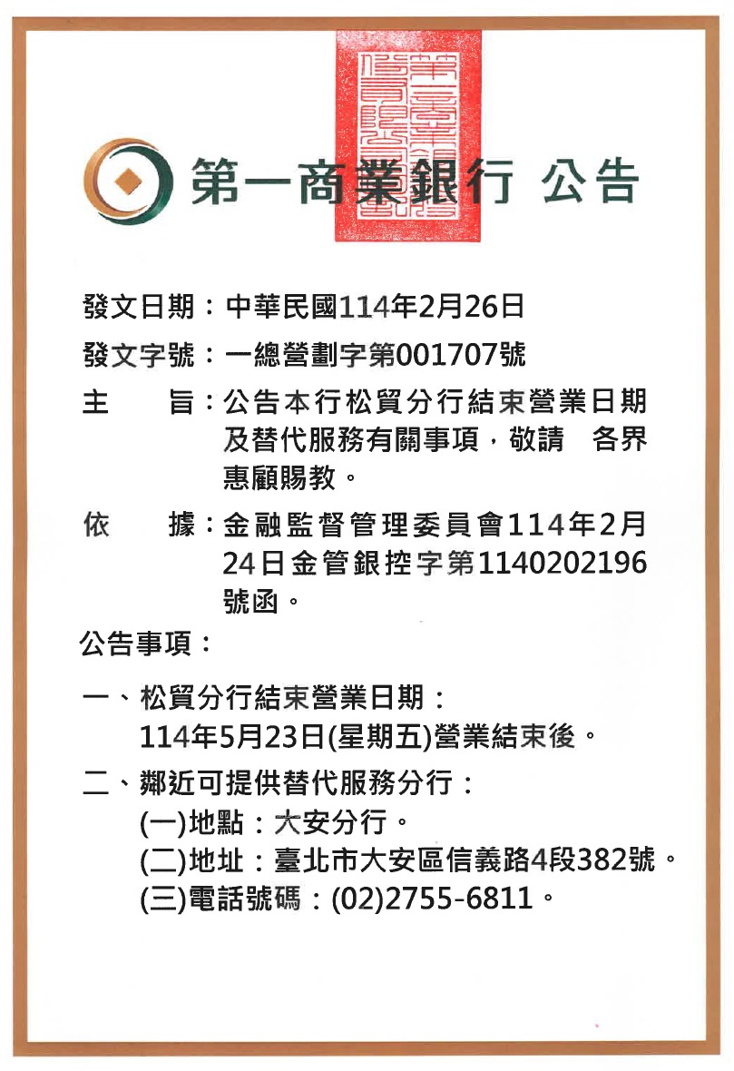 松貿分行整併公告