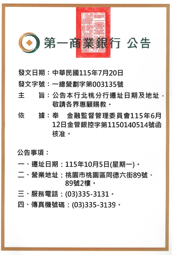 第一商業銀行總行 公告
發文日期：中華民國 115年07月20日
發文字號：一總營劃字第003135號
主旨：公告本行北桃分行遷址日期及地址，敬請各界惠顧賜教。
依據：奉  金融監督管理委員會115年6月12日金管銀控字第1150140514號函核准。
公告事項：
一、遷址日期：115年10月5日(星期一)。
二、營業地址：桃園市桃園區同德六街89號、89號2樓。
三、服務電話：(03)335-3131。
四、傳真機號碼：(03)335-3139。